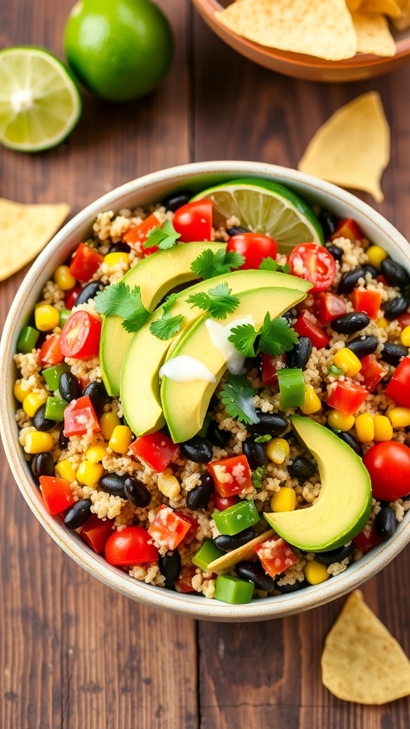 A colorful quinoa taco salad with black beans, corn, tomatoes, bell peppers, and avocado, served in a bowl on a wooden table.